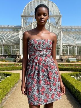 Strapless Floral Sundress in Red and Gray